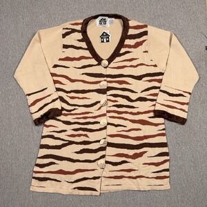 Storybook Knits Cardigan Sweater Tiger Print Striped Beaded Button Large Vintage
